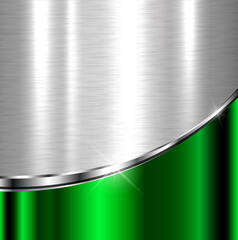 Elegant metallic background with silver green chrome brushed metal texture, vector design.