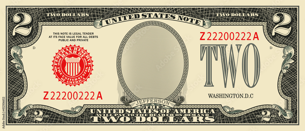 Fictional obverse of vintage US paper money. 2 dollar banknote with red seal. Jefferson - obrazy, fototapety, plakaty 