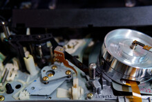 Video Cassette Inside The VCR. Selective Focus, The Concept Of Technologies. Retro Style