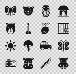 Sticker - Set Hippo or Hippopotamus, Butterfly, Animal cage, Mexican mayan aztec mask, Arrow, Bear head, Elephant and Lemon icon. Vector