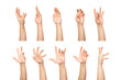 Compilation of holding or grabbing hand gesture close ups isolated with white background. Holding hand gesture, grabbing hand gesture cutout.