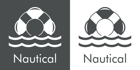 Sticker - Logotipo con texto Nautical y silueta de anillo salvavidas con olas en fondo gris y fondo blanco