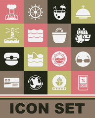 Sticker - Set Cruise ticket, Glasses, ship, Coconut cocktail, Wave, Lighthouse, Cook and Beach bag icon. Vector