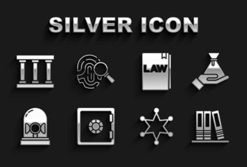 Poster - Set Safe, Bribe money bag, Office folders, Hexagram sheriff, Flasher siren, Law book, Prison window and Fingerprint icon. Vector