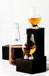 Scotch Whiskey in special glasses and bottle, black podiums on a white background
