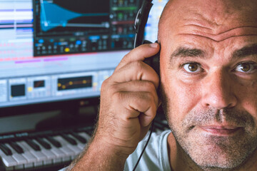 Close-up seen from behind of a music producer working on a computer, and listening through headphones.