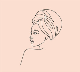 Canvas Print - African woman face line drawing. Curly hair linear. Minimalistic abstract women portrait continuous line art for logo, prints, tattoos, posters, textiles, postcards. Vector illustration