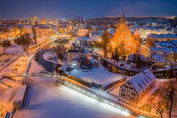 Wall Mural - Aerial view of downtown Bydgoszcz in winter at dusk