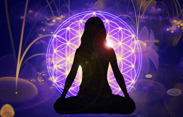 Wall Mural - Silhouette of a girl in Lotus position on the background of the universe and the flower of life. A state of trance and deep meditation. A spiritual journey in the universe.