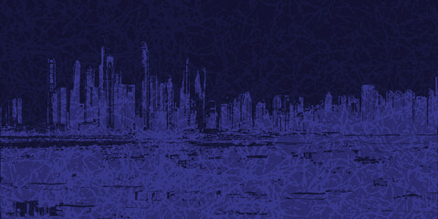 Wall Mural - Elegant textured background with silhouettes of skyscrapers in dark blue and light blue tones. Abstract template with a modern urban night landscape. Vector illustration.