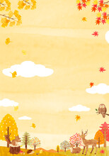 秋の森にいるかわいい動物達の背景素材　手描き水彩画イラスト（縦長）03