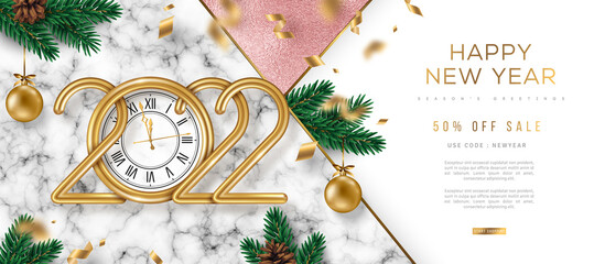 Wall Mural - Christmas marble background with gold 2022 logo clock, fir tree cone, gold ball and confetti. Vector illustration. Place for text. Happy New Year template design of posters, brochures or vouchers.