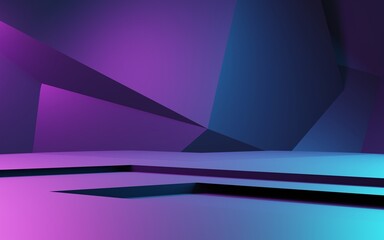 Wall Mural - 3d rendering of purple and blue abstract geometric background. Cyberpunk concept. Scene for advertising, technology, showcase, banner, cosmetic, fashion, business. Sci-Fi Illustration. Product display