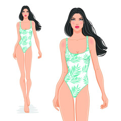 Wall Mural - Vector illustration of a beautiful fashion model posing in a stylish floral swimsuit. Young attractive woman in bikini, isolated on white background. Pretty girl on a beach.