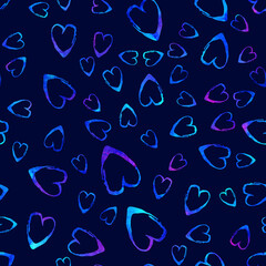 Watercolor Brush Heart Seamless Pattern Love Grange Hand Painted Design in Blue Color. Modern Grung Collage Background for kids fabric and textile