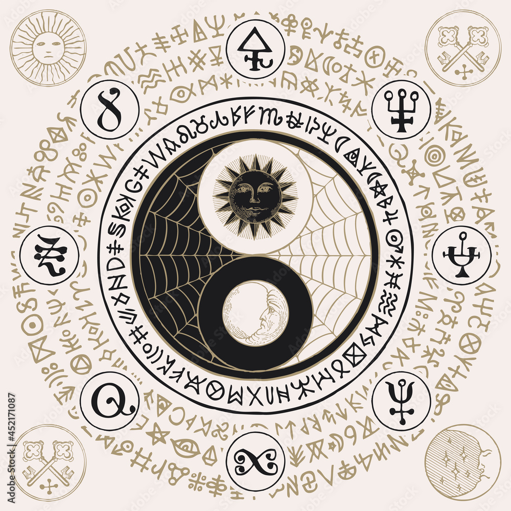 Vector yin yang symbol with sun, moon, cobweb and magic signs, written ...