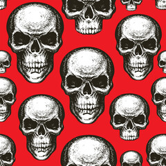 Wall Mural - Seamless pattern with black-white skulls on a red backdrop. Vector background with hand-drawn human skulls. Graphic print for clothes, fabric, wallpaper, wrapping paper, halloween party design element