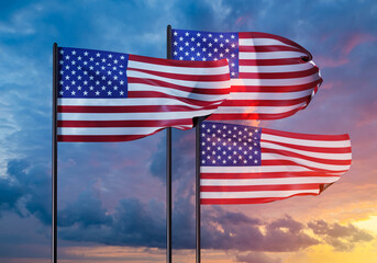 USA flags on sunset background. Flagpoles with USA banners in evening sky. Sunset symbolizes political problems. Metaphor political crisis in United States of America. Waving flags of America in sky