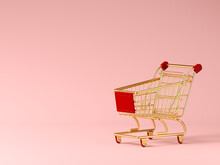 Minimal Composition For Shopping And Supermarket Concept. Golden Shopping Cart Trolley On Pink Background. 3d Rendering Illustration. Clipping Path Of Each Element Included.