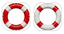 Realistic Rescue Life Belt, Marine Lifebuoy Water Safety Isolated On White Background. Collection Of Realistic Lifebuoy Striped Circle