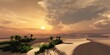 Oasis at sunset in a sandy desert, a panorama of the desert with palm trees,
3d rendering