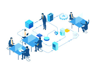 Isometric environment design with lots of business people discussing new data. Solving problems, improving working progress, working together business concept illustration