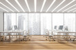 Panoramic office interior with two white combination office desks