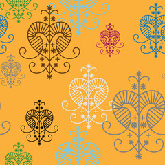 Wall Mural - Geometrical seamless pattern with voodoo symbols of goddess Erzulie on yellow background.