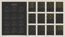 Luxury Black And Gold Wall Vertical Calendar For 2022, Week Starts On Monday. Template A4 Format Calendar Set Of 12 Month With Abstract Gold Design Elements. Vector Illustration