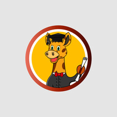 Cute Giraffe Head Graduate Circle Label, Yellow Colors Background, Cartoon, Mascot, Animals, Character, Vector and Illustration.