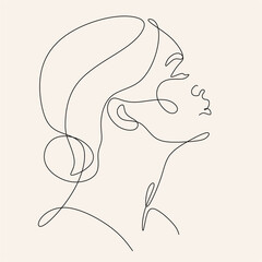 Woman face in single line art style. Continuous one line portrait. Continuous line art Woman face. Elegant minimalistic portrait for prints, tattoos, posters, textiles, postcards. Vector illustration