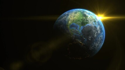Wall Mural - sunrise and shadow on the earth rotate in space with star in universe. world realistic atmosphere 3d