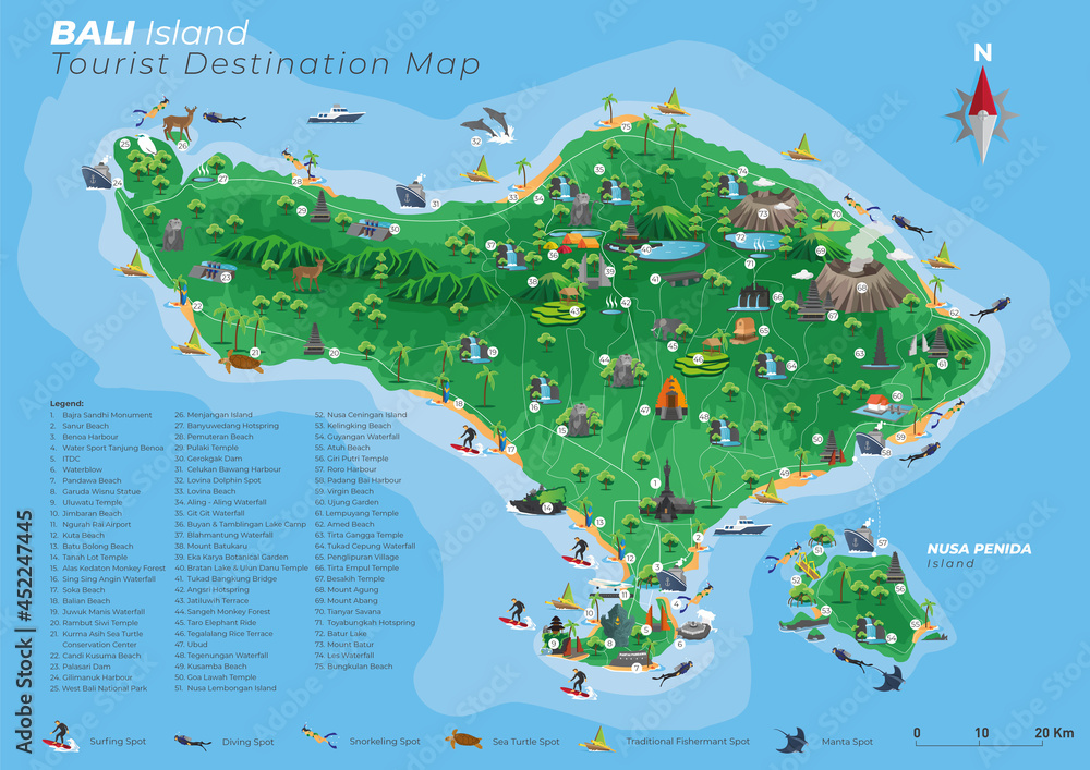 Bali Tourist Destination Map with Details の Stock ベクター