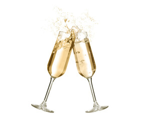 Clinking glasses of sparkling wine with splash on white background