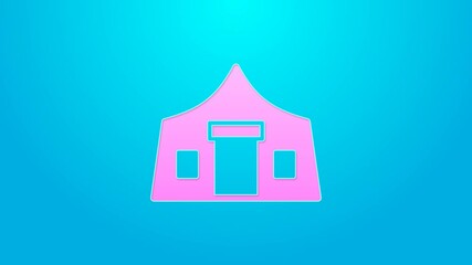 Sticker - Pink line Tourist tent icon isolated on blue background. Camping symbol. 4K Video motion graphic animation