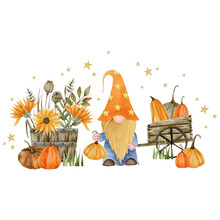 Watercolor Gnome, Wooden Barrel, Wooden Cart, Pumpkins, Autumn Plants. Illustration For The Holiday Of Halloween, Autumn, Pumpkin Day, Hello October Isolated On A White Background.