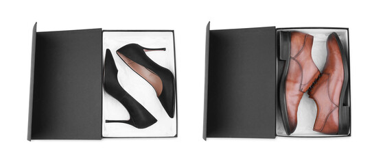 Pairs of stylish shoes in black boxes on white background, top view. Banner design