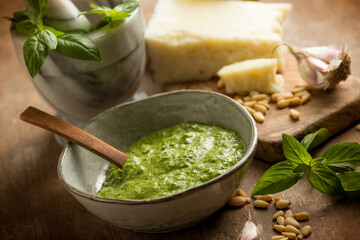 Canvas Print - bowl with traditional italian pesto and ingredients