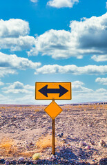 Wall Mural - Directional sign in the desert with scenic blue sky and wide horizon. Concept for trip, freedom and transportation.