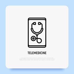 Wall Mural - Telemedicine thin line icon, stethoscope on screen of smartphone. Modern vector illustration.