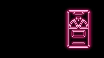 Sticker - Glowing neon line Lucky wheel on phone icon isolated on black background. 4K Video motion graphic animation