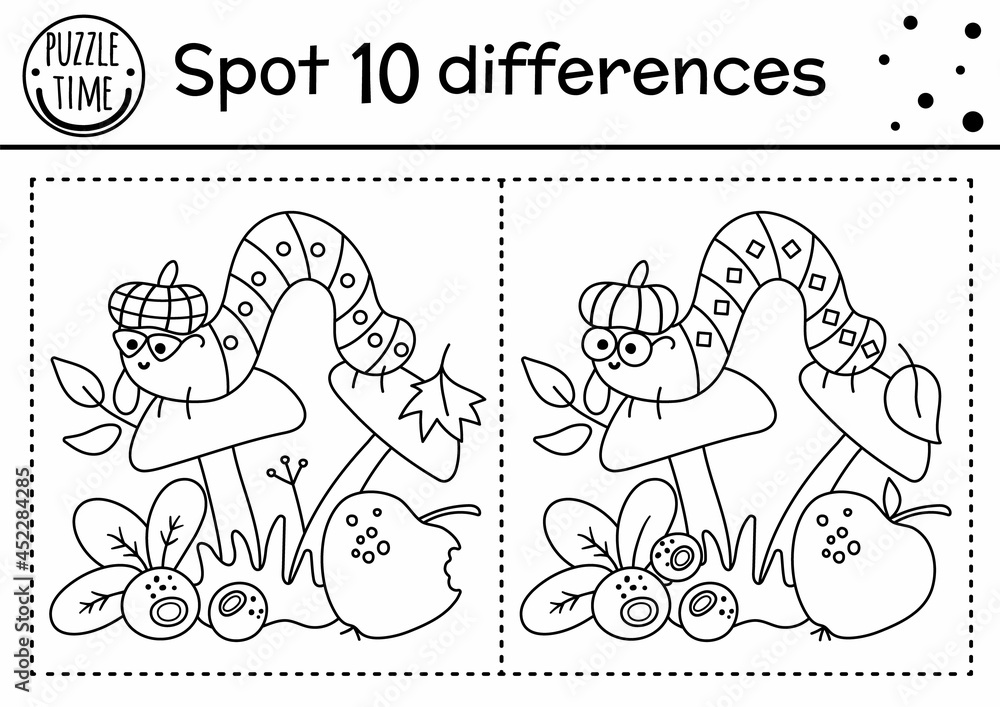 Find differences line game for kids. Black and white autumn forest ...