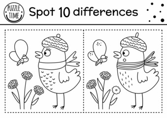Wall Mural - Find differences line game for kids. Black and white Autumn forest educational activity with bird, moth, flowers. Printable worksheet with cute animal. Woodland puzzle. Fall preschool coloring page.