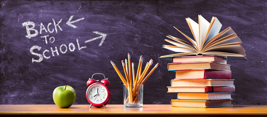 Wall Mural - Back To School Concept - Time To Study - Apple and pencils With Stack Books And Clock Alarm