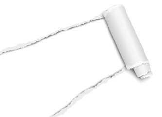 Wall Mural - Diagonally torn hole in transparent sheet of paper from lower left corner with curl, soft shadow and white background