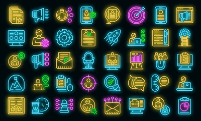 Wall Mural - Online recruitment icons set. Outline set of online recruitment vector icons neon color on black