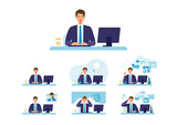 Fototapeta  - Telecommuting concept. Vector illustration of people having communication via telecommuting system. Concept for video conference, workers at home or office.