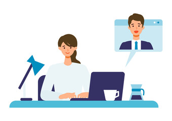 Wall Mural - Vector illustration of businesswoman having communication via telecommuting system.