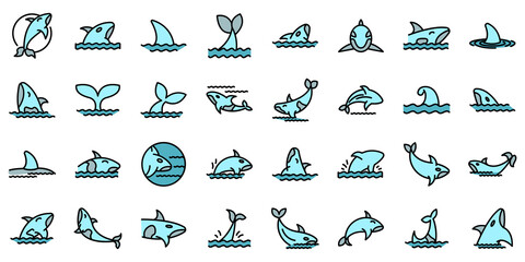 Wall Mural - Killer whale icons set. Outline set of killer whale vector icons thin line color flat on white