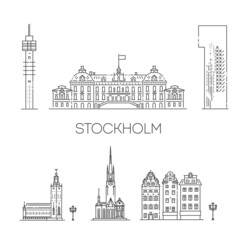 Wall Mural - Stockholm, Line Art Vector illustration with all famous buildings